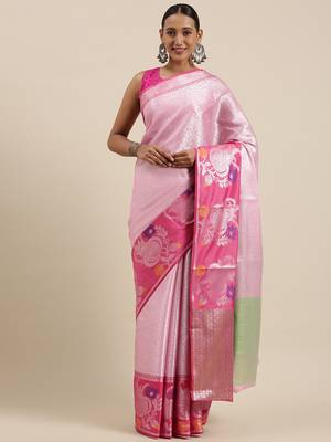 Pink woven Faux kanchipuram silk saree with blouse 2