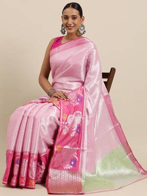 Pink woven Faux kanchipuram silk saree with blouse 3