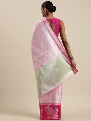 Pink woven Faux kanchipuram silk saree with blouse 4