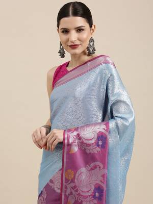 Blue woven kanchipuram silk blend saree with blouse 1