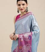 Blue woven kanchipuram silk blend saree with blouse
