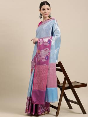 Blue woven kanchipuram silk blend saree with blouse 2