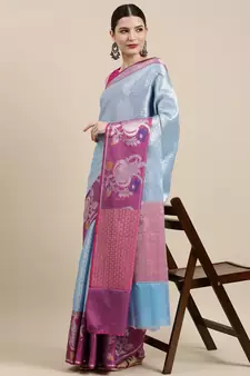 Blue woven kanchipuram silk blend saree with blouse
