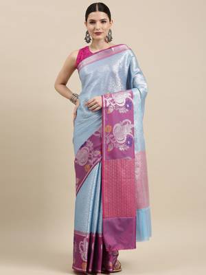 Blue woven kanchipuram silk blend saree with blouse 3