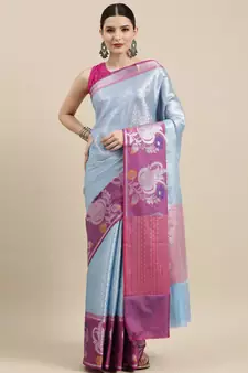 Blue woven kanchipuram silk blend saree with blouse