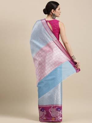 Blue woven kanchipuram silk blend saree with blouse 4
