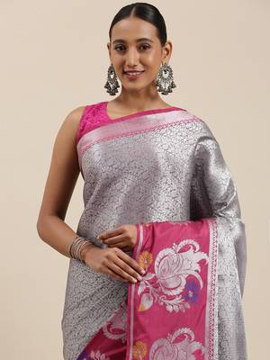 Grey woven Faux kanchipuram silk saree with blouse 1
