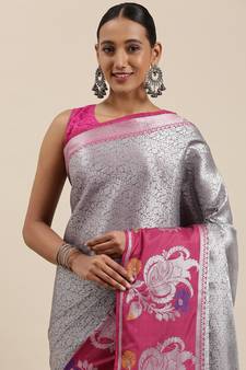 Grey woven Faux kanchipuram silk saree with blouse
