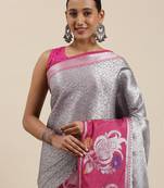 Grey woven Faux kanchipuram silk saree with blouse