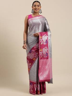 Grey woven Faux kanchipuram silk saree with blouse 2