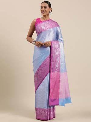 Blue woven Faux kanchipuram silk saree with blouse 1