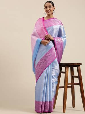 Blue woven Faux kanchipuram silk saree with blouse 3