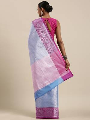 Blue woven Faux kanchipuram silk saree with blouse 4