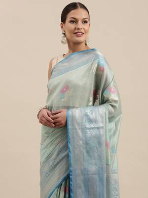 Sea green woven cotton silk saree with blouse 1