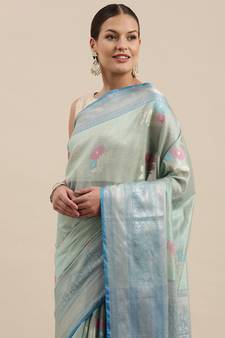 Sea green woven cotton silk saree with blouse