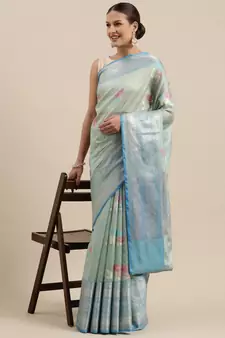 Sea green woven cotton silk saree with blouse