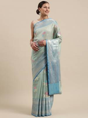 Sea green woven cotton silk saree with blouse 3