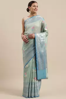 Sea green woven cotton silk saree with blouse