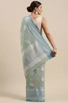 Sea green woven cotton silk saree with blouse