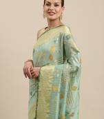 Sea green woven cotton silk saree with blouse