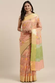 Peach woven cotton silk saree with blouse