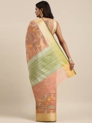 Peach woven cotton silk saree with blouse 4