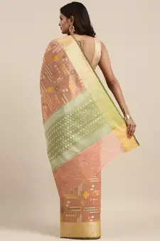 Peach woven cotton silk saree with blouse