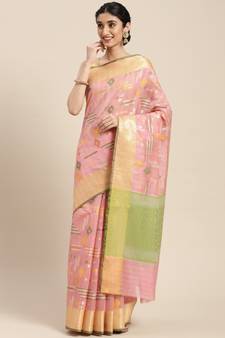 Pink woven cotton silk saree with blouse