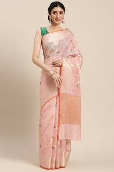 Pink woven cotton silk saree with blouse