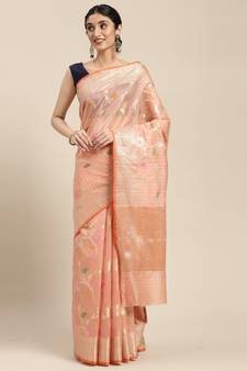 Peach woven cotton silk saree with blouse