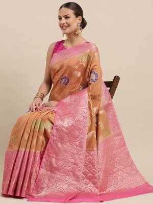 Orange woven cotton silk saree with blouse 2