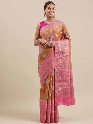 Orange woven cotton silk saree with blouse 3
