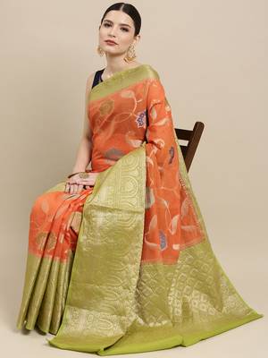Orange woven cotton silk saree with blouse 2