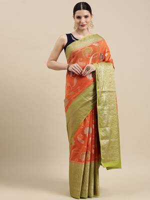 Orange woven cotton silk saree with blouse 3