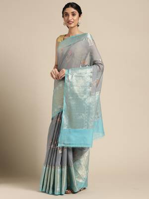 Grey woven cotton silk saree with blouse 1