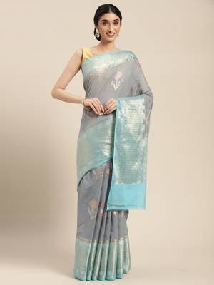 Grey woven cotton silk saree with blouse 2
