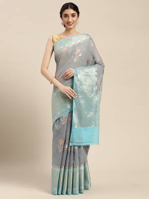 Grey woven cotton silk saree with blouse 3