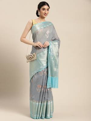 Grey woven cotton silk saree with blouse 4