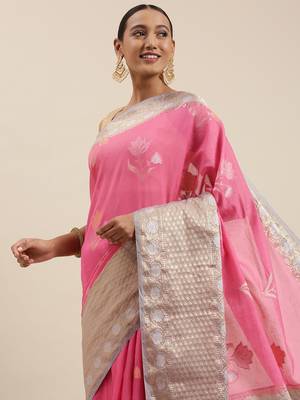 Pink woven cotton silk saree with blouse 1