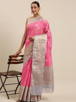 Pink woven cotton silk saree with blouse 2