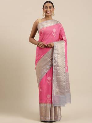 Pink woven cotton silk saree with blouse 3