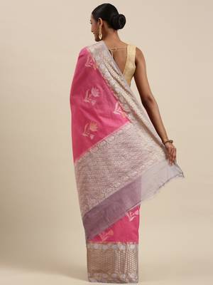 Pink woven cotton silk saree with blouse 4