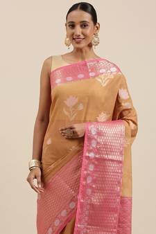 Orange woven cotton silk saree with blouse