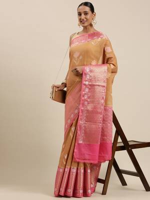 Orange woven cotton silk saree with blouse 2
