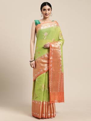 Green woven cotton silk saree with blouse 1