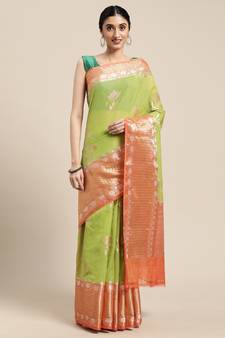 Green woven cotton silk saree with blouse