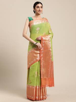 Green woven cotton silk saree with blouse 2