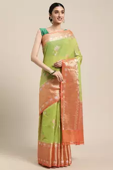 Green woven cotton silk saree with blouse