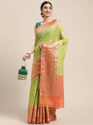 Green woven cotton silk saree with blouse 3