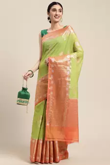 Green woven cotton silk saree with blouse